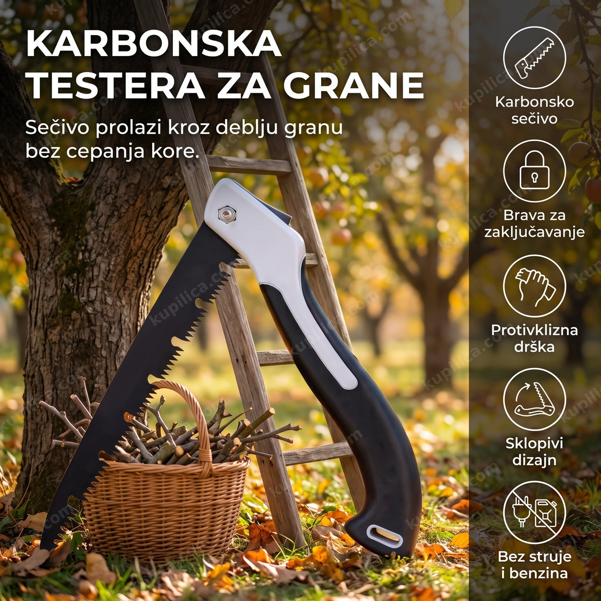 Sklopiva karbonska testera za grane pored merdevina u voćnjaku