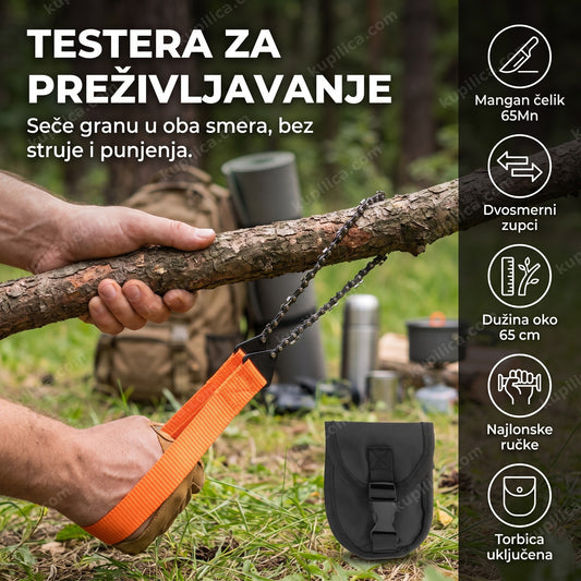Testera za preživljavanje oko grane drveta u kampu