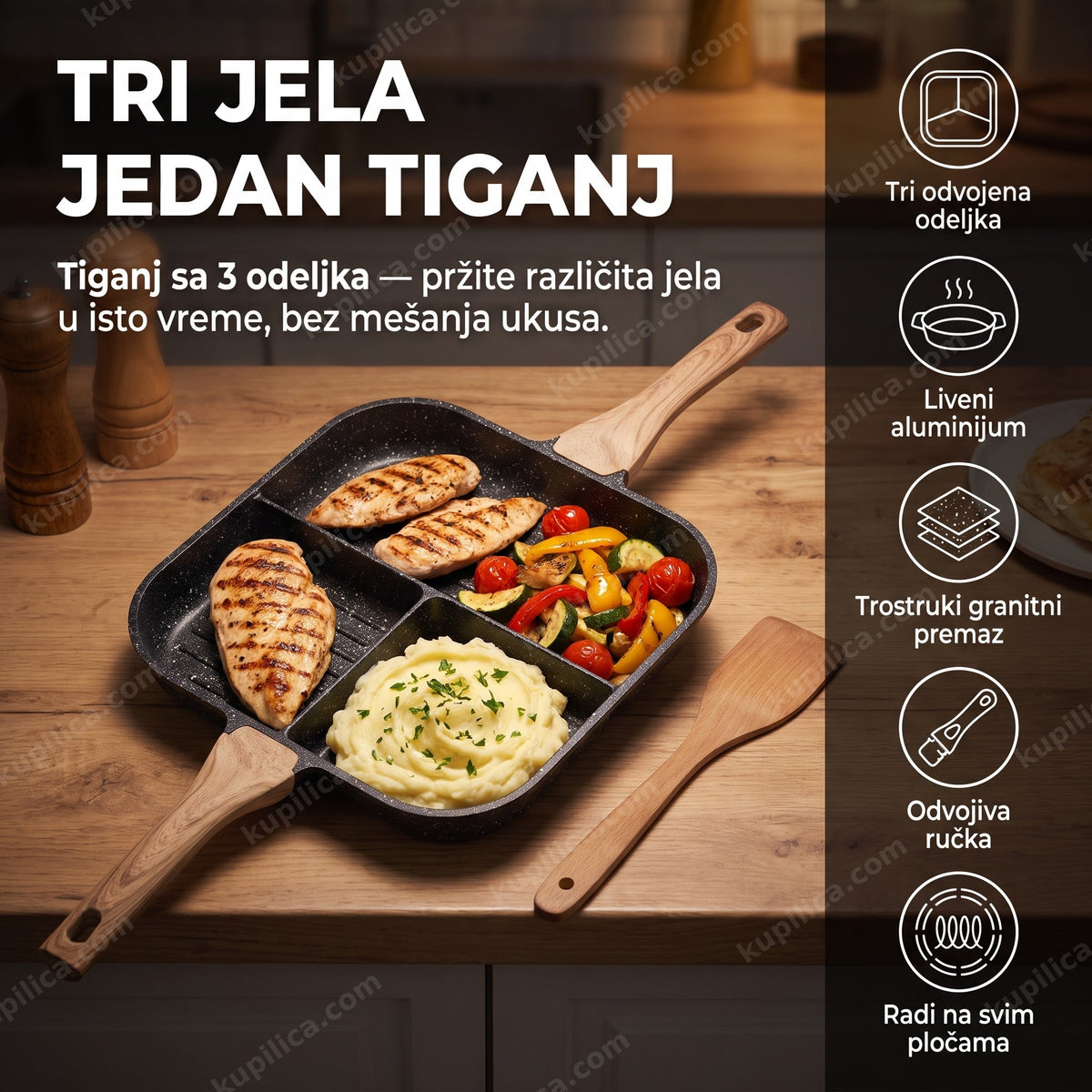tiganj sa 3 pregrade sa pripremljenom večerom na kuhinjskom šporetu, benefiti proizvoda