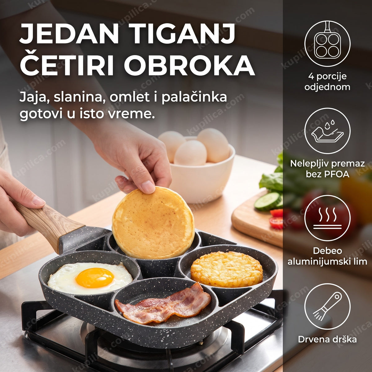 tiganj sa 4 pregrade priprema jaja slaninu i palačinke za doručak, benefiti proizvoda