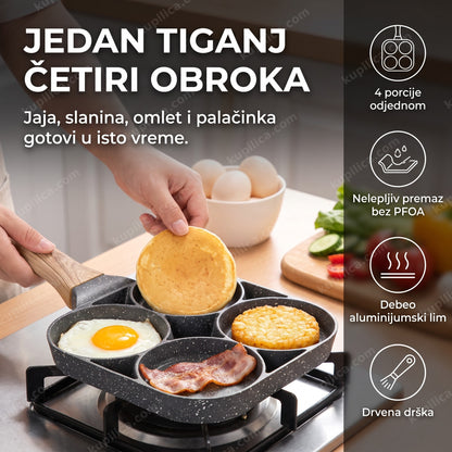 tiganj sa 4 pregrade priprema jaja slaninu i palačinke za doručak, benefiti proizvoda
