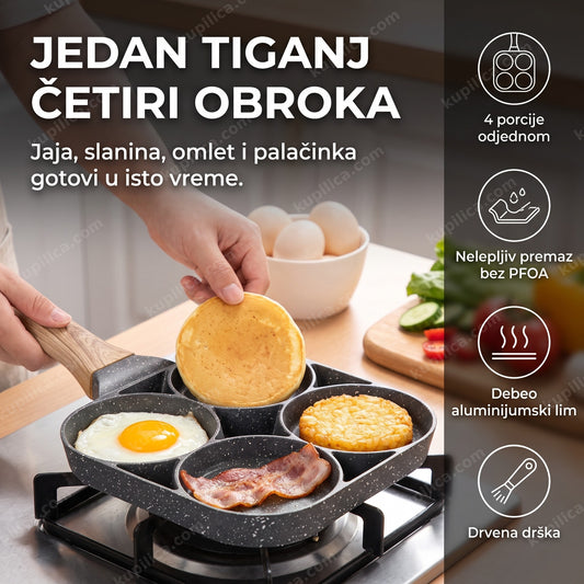 tiganj sa 4 pregrade priprema jaja slaninu i palačinke za doručak, benefiti proizvoda