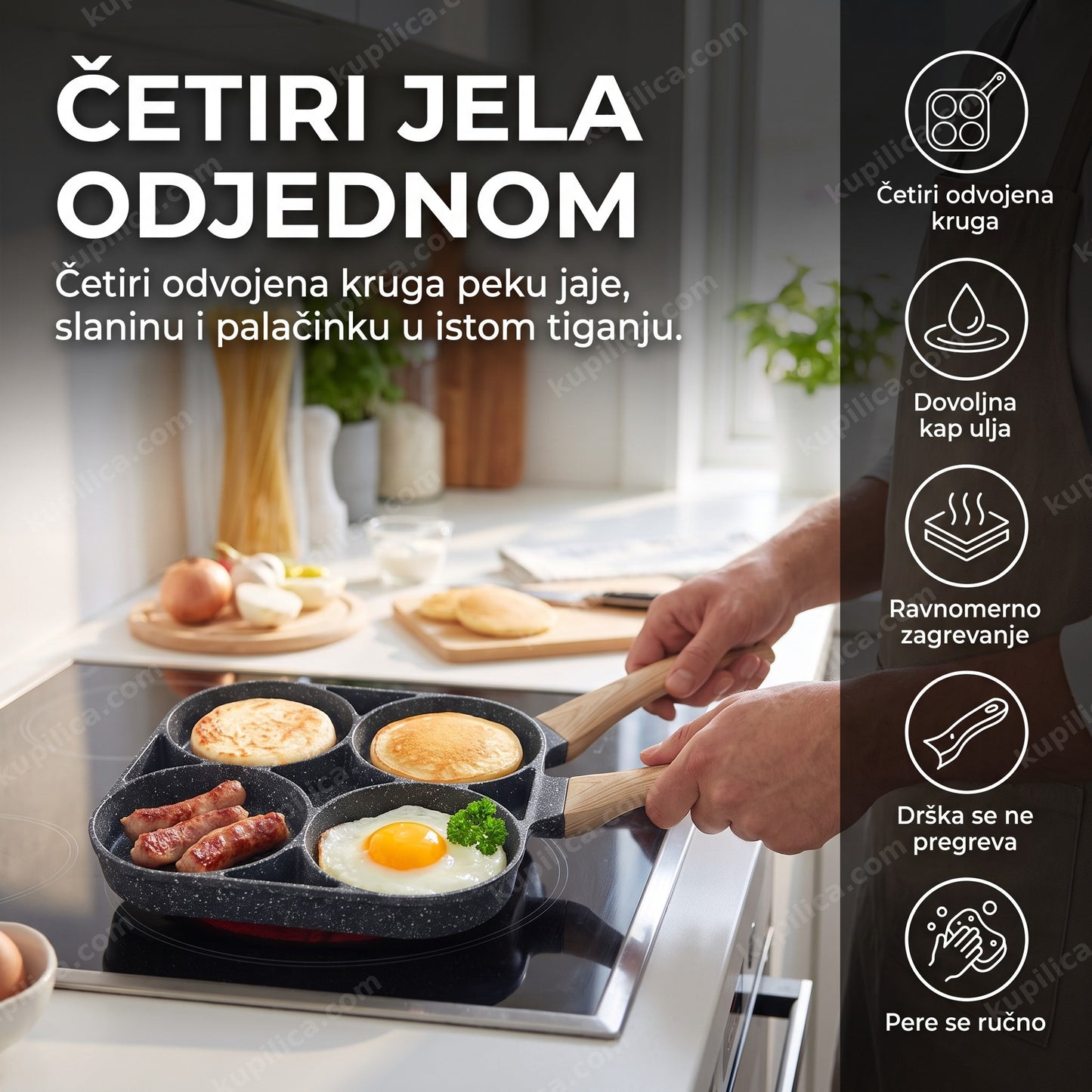 Nelepljivi tiganj sa četiri pregrade 19 × 19 cm za pripremu četiri jela odjednom