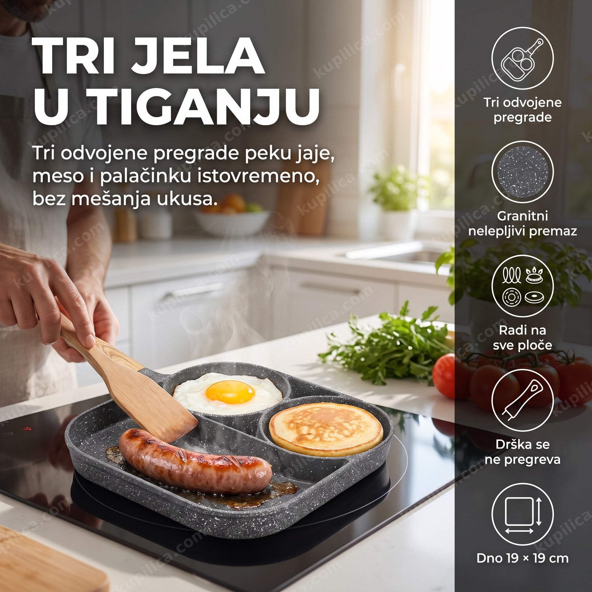Nelepljivi tiganj sa tri pregrade 19 × 19 cm i granitnim premazom