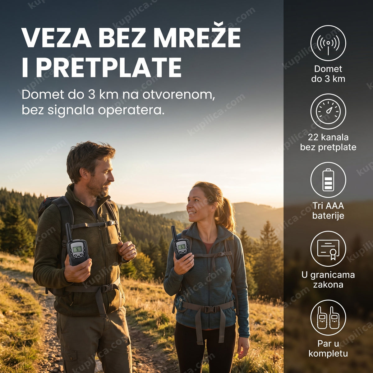 toki voki uređaji u rukama planinara na otvorenom, prikaz benefiti proizvoda