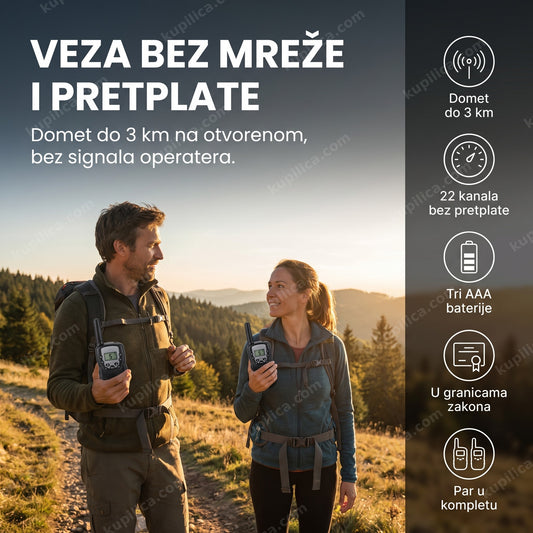 toki voki uređaji u rukama planinara na otvorenom, prikaz benefiti proizvoda