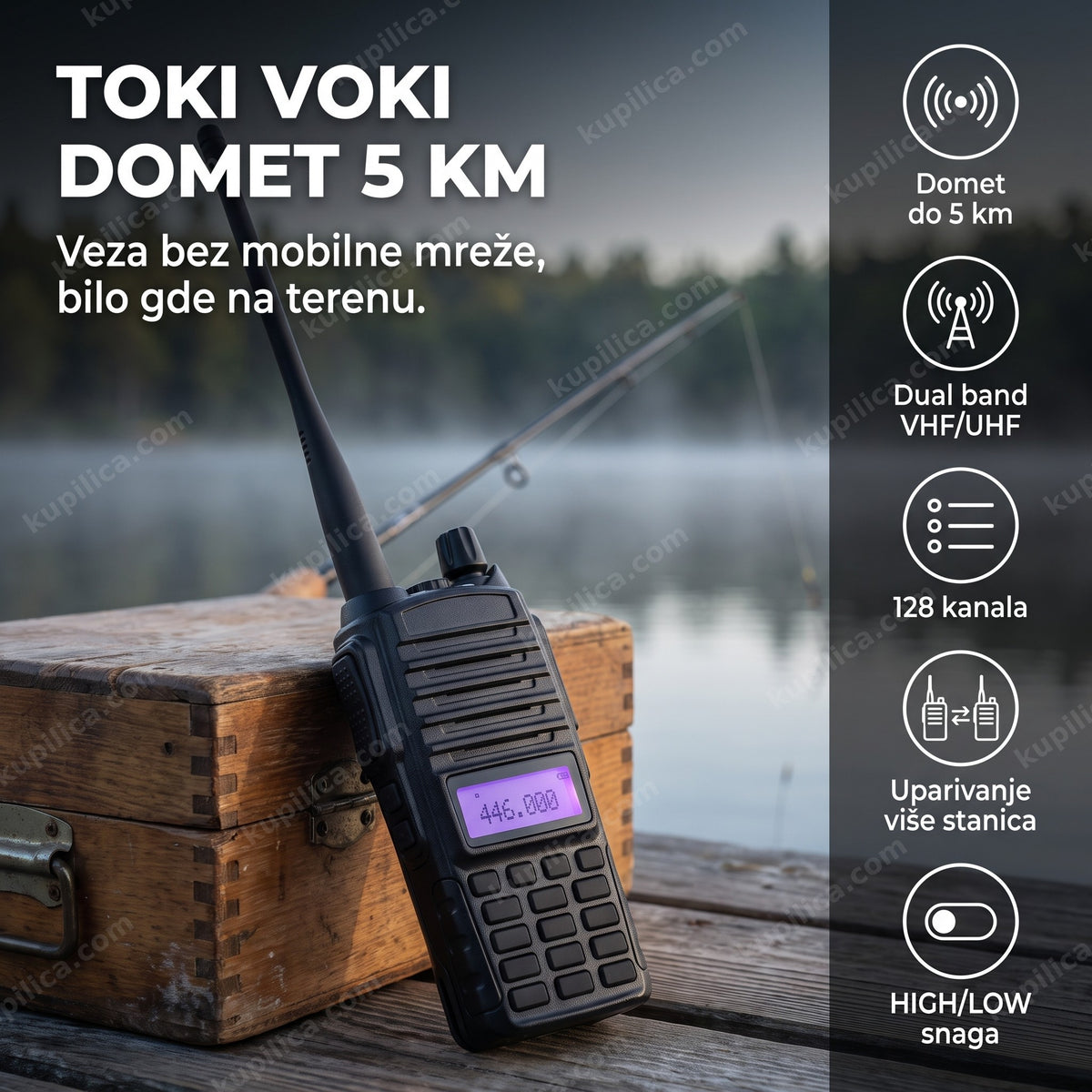 crna toki-voki radio stanica u ruci ribolovca na obali jezera, benefiti proizvoda