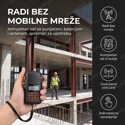crna toki voki radio stanica u ruci radnika na gradilištu, benefiti proizvoda
