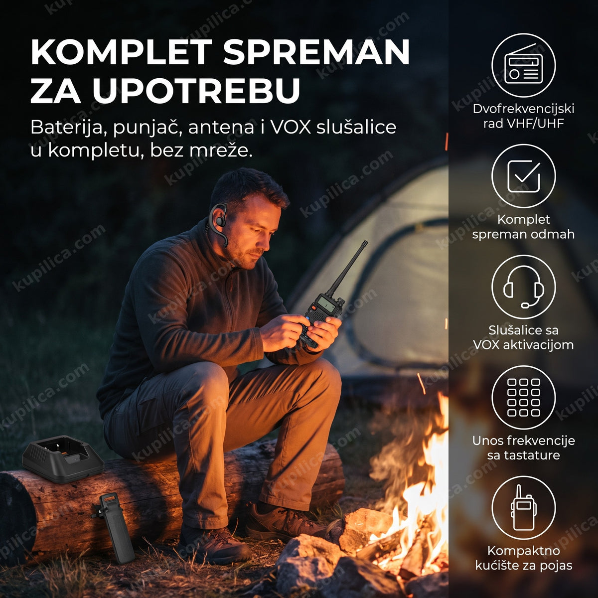 crna toki voki radio stanica sa slušalicama na kamp vatri uveče, benefiti proizvoda