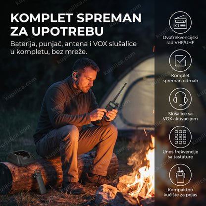 crna toki voki radio stanica sa slušalicama na kamp vatri uveče, benefiti proizvoda
