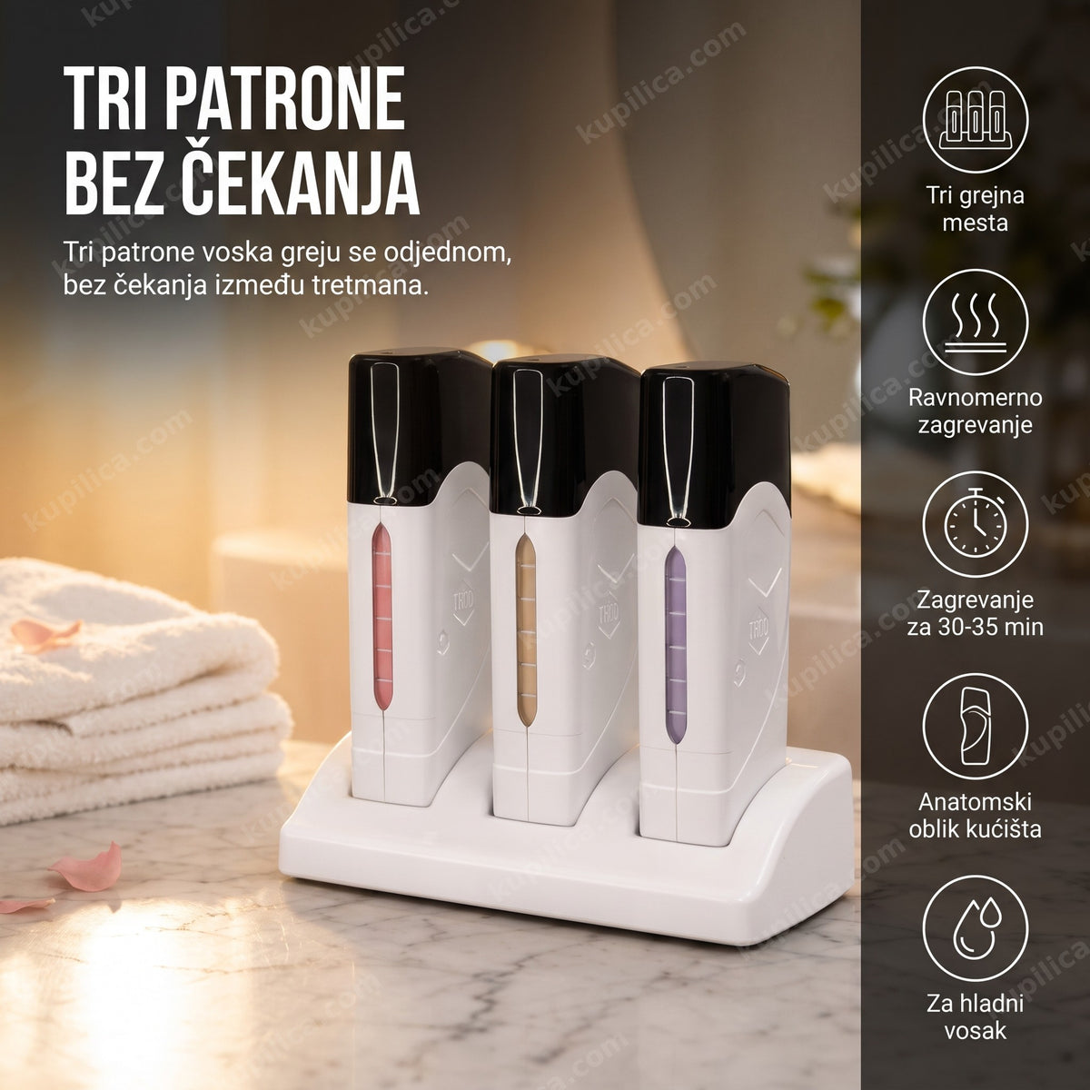 Trio topilica za hladni vosak sa tri posude u kozmetičkom salonu, benefiti proizvoda