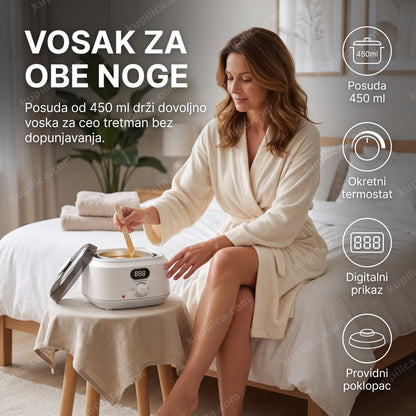 topilica za vosak ax200a 450 ml — žena greje vosak za depilaciju nogu, benefiti proizvoda