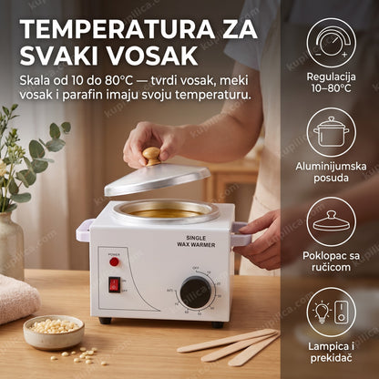 topilica za vosak i parafin 10-80 stepeni — žena priprema vosak za depilaciju, benefiti proizvoda