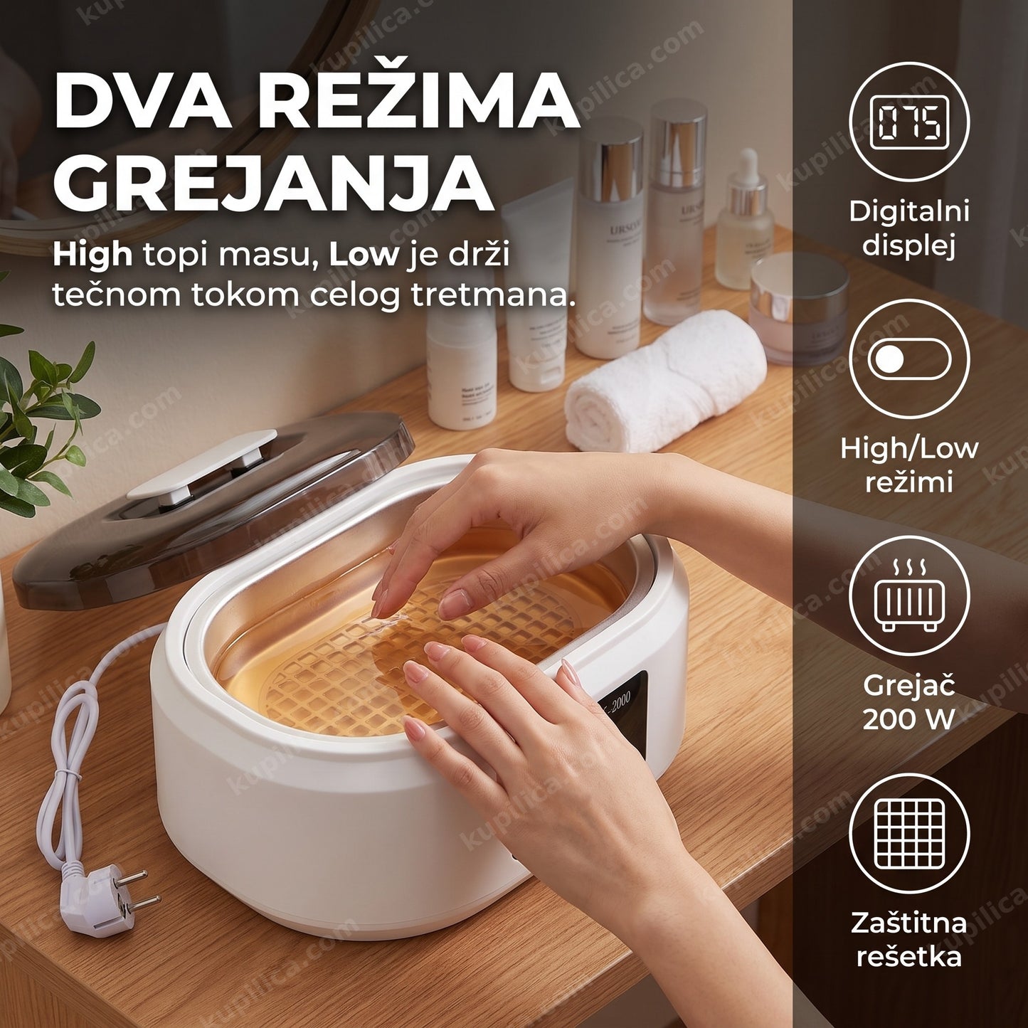 topilica za vosak i parafin ax2000 — žena priprema parafinsku kupku za ruke, benefiti proizvoda