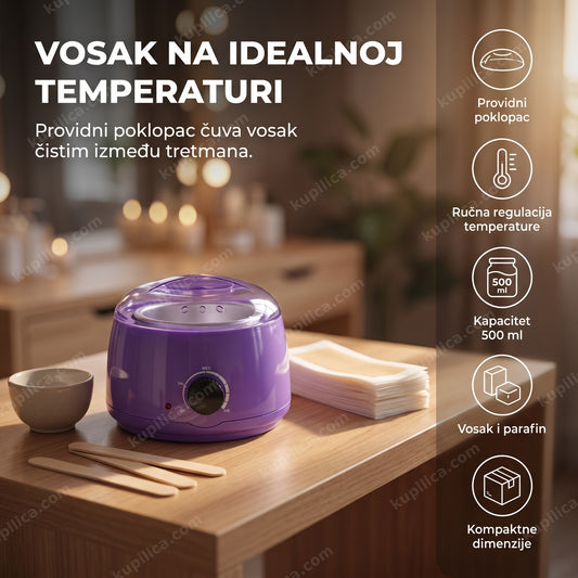 ljubičasta topilica za vosak i parafin na radnoj stanici u salonu, prikaz benefiti proizvoda