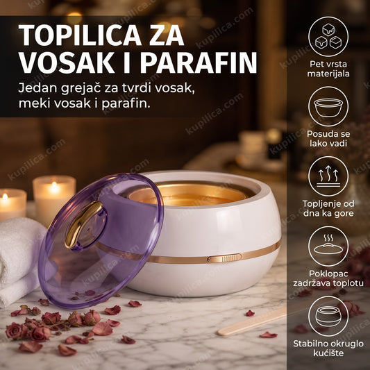 Topilica za vosak i parafin sa otvorenim poklopcem na salonskom stolu