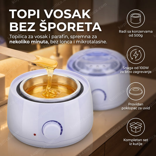 providna topilica za vosak sa rastopljenim voskom u krupnom kadru u salonu, benefiti proizvoda