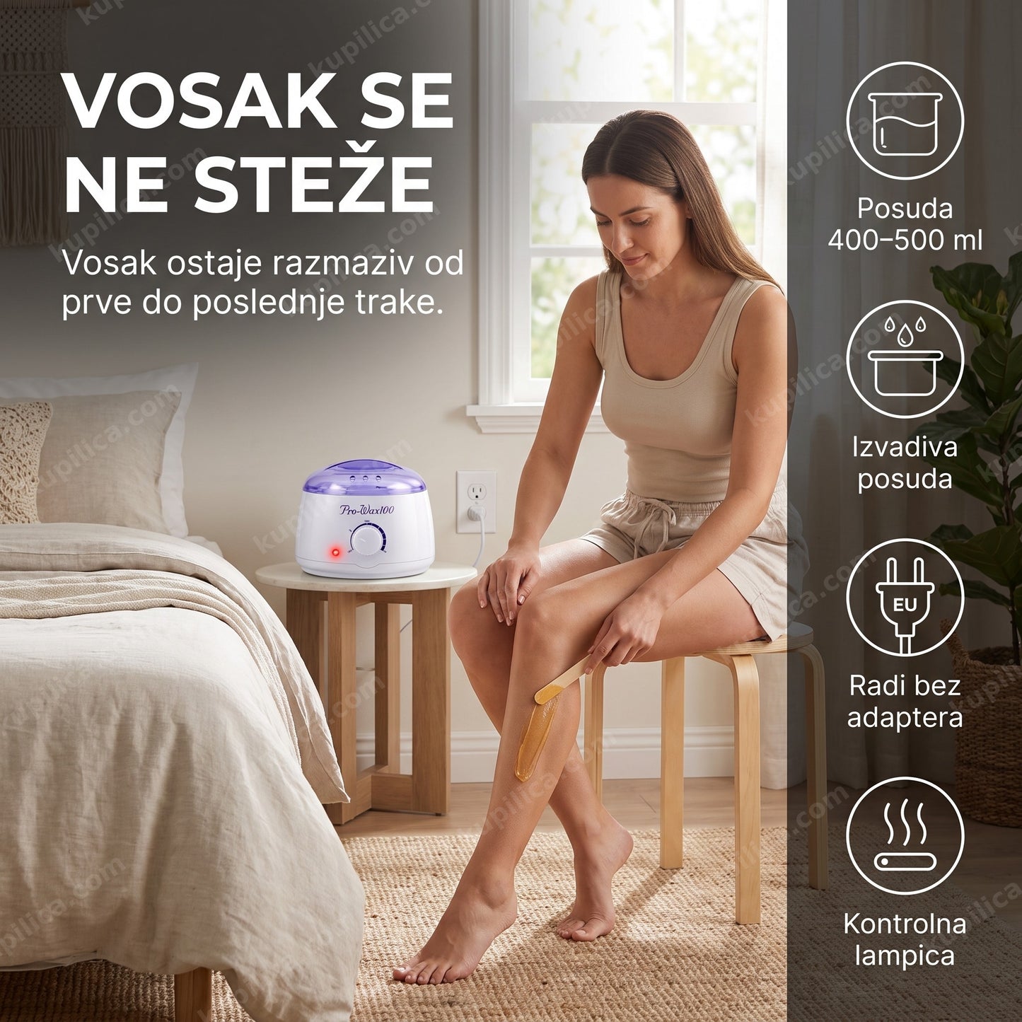 topilica za vosak pro wax 100 — žena nanosi topli vosak na nogu, benefiti proizvoda