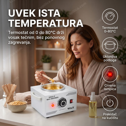 topilica za vosak sa termostatom — žena greje vosak pre nanošenja, benefiti proizvoda