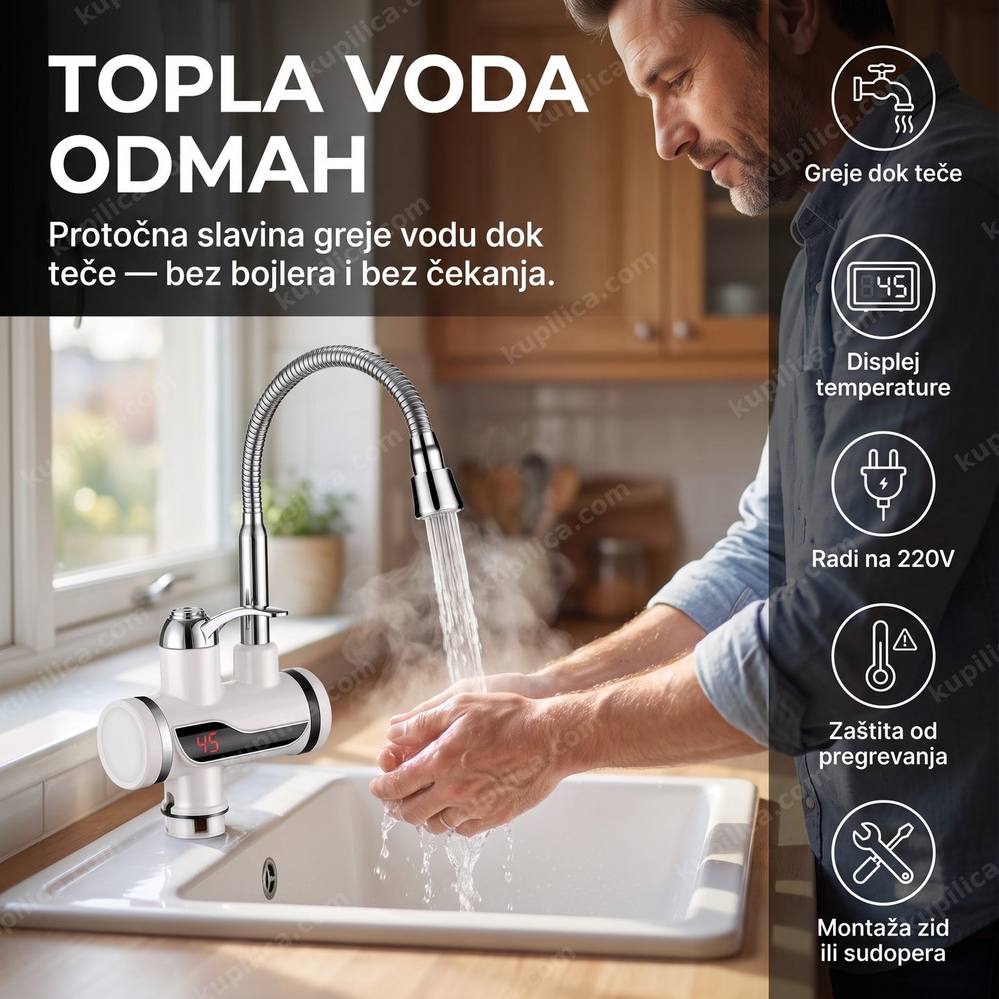 topla voda odmah — pranje ruku toplom vodom iz protočne slavine na sudoperi, benefiti proizvoda