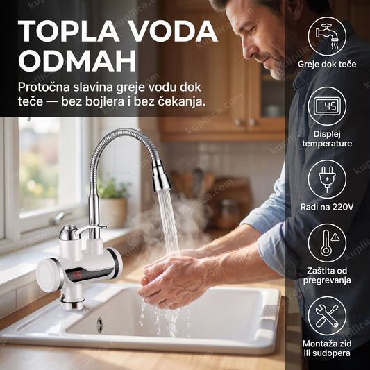 topla voda odmah — pranje ruku toplom vodom iz protočne slavine na sudoperi, benefiti proizvoda