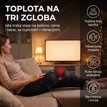 toplotni masažer za kolena ramena i lakat — osoba sedi sa trakom oko kolena, benefiti proizvoda