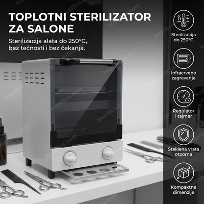 Beli toplotni sterilizator sa staklenim vratima u frizerskom salonu