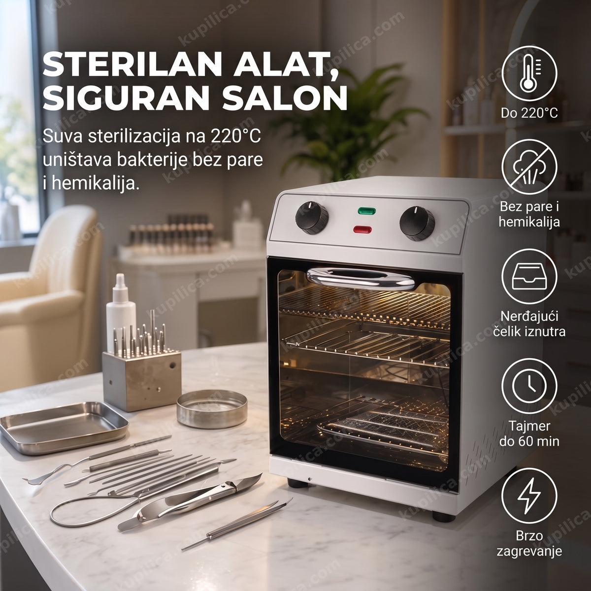 toplotni sterilizator SM-220 — bela kutija sa providnim vratima na salonskom stolu