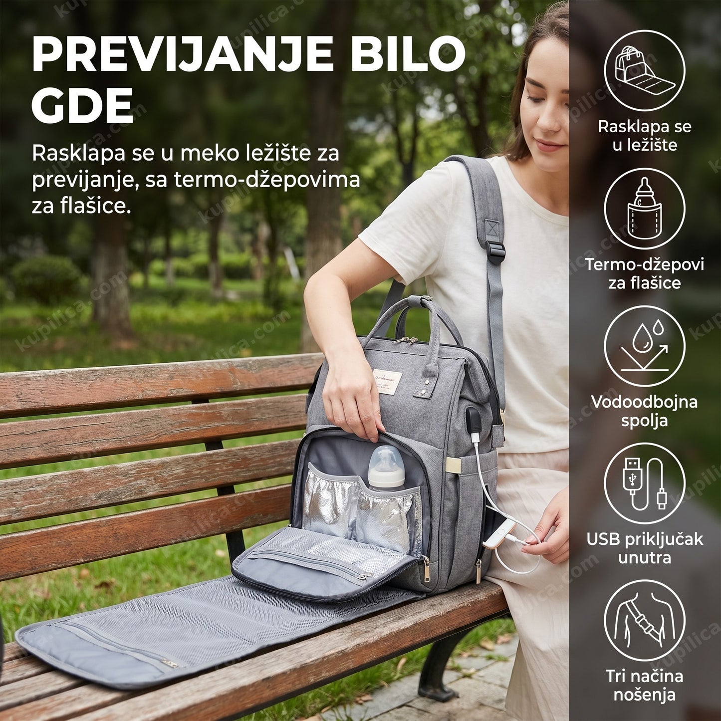 Torba za mame sa krevecem za bebu, termo-džepovima i USB priključkom