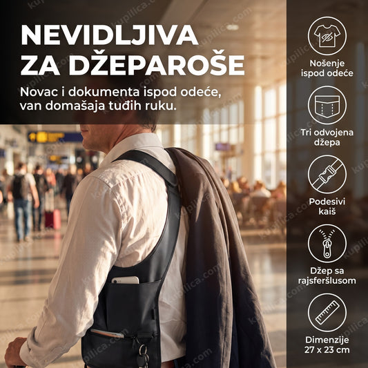 putnik nosi crnu torbicu tajni agent ispod jakne na aerodromu, prikaz benefiti proizvoda