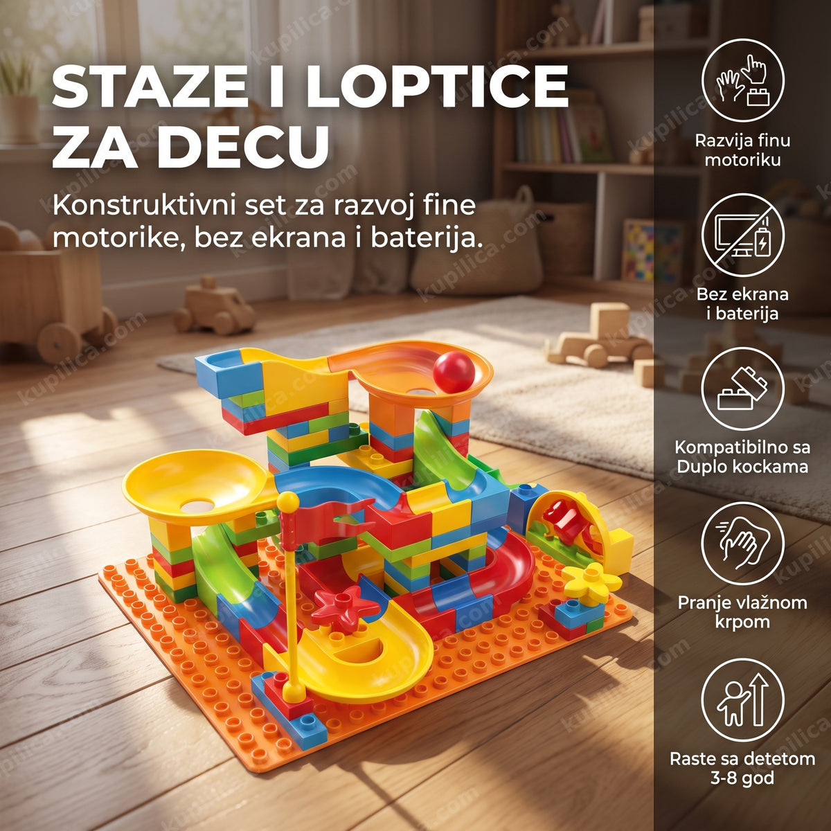 Sastavljena track maze staza za decu sa lopticom u pokretu na podu sobe