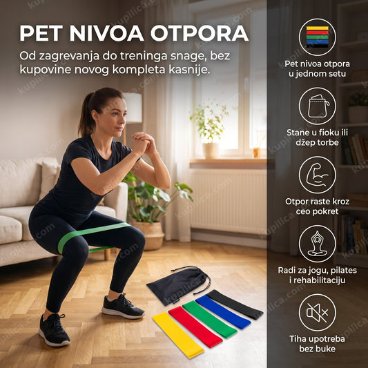 trake za vežbanje sa pet nivoa otpora tokom čučnja u dnevnoj sobi, benefiti proizvoda