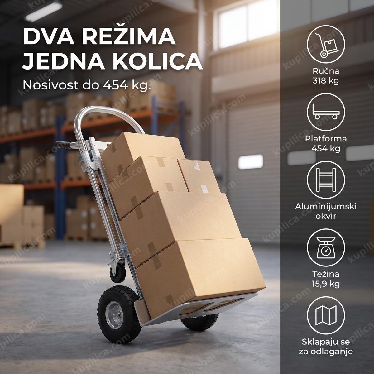 transportna kolica 2u1 ručna i platformska sa kutijama u magacinu
