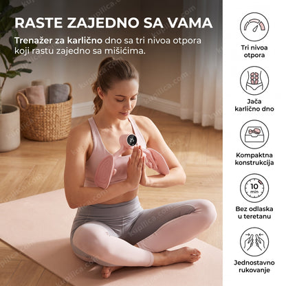 trenažer za karlično dno fit figura, žena ga drži u rukama u fitnes ambijentu, benefiti proizvoda