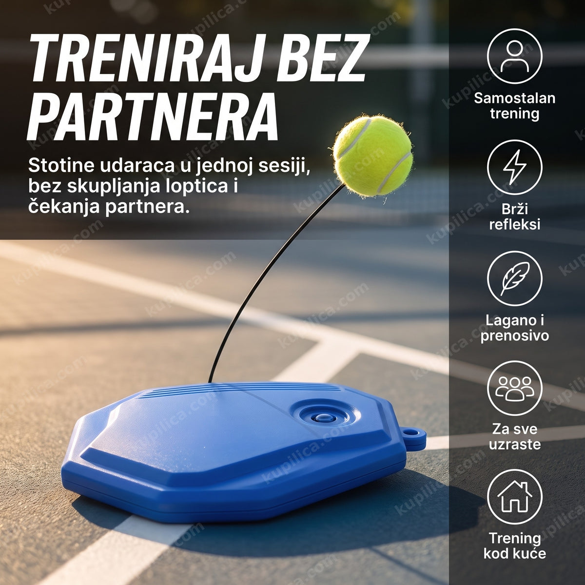 trenažer za tenis — baza sa elastičnim užetom i lopticom na terenu