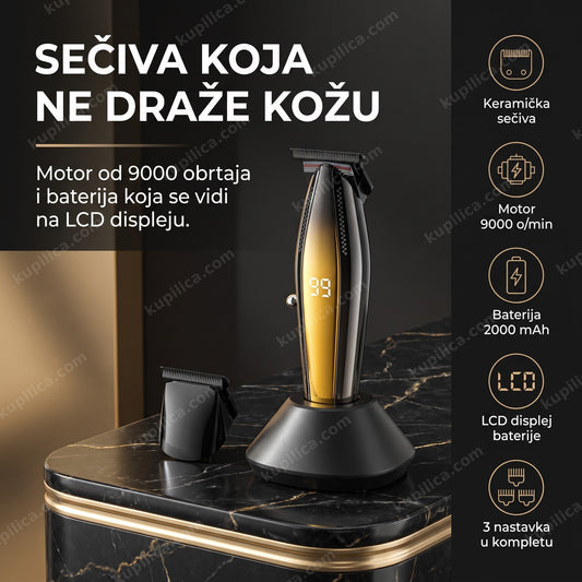 crni trimer sa keramičkim sečivima pored njega na mermernom pultu, benefiti proizvoda