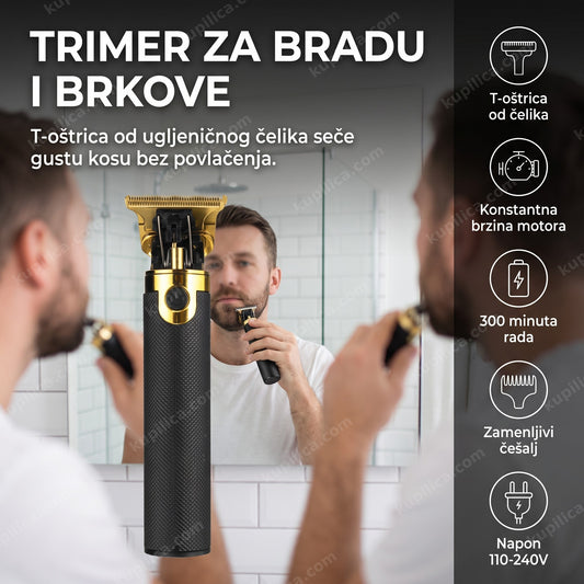 Muškarac koristi trimer za bradu i brkove pred ogledalom, prikaz benefita proizvoda