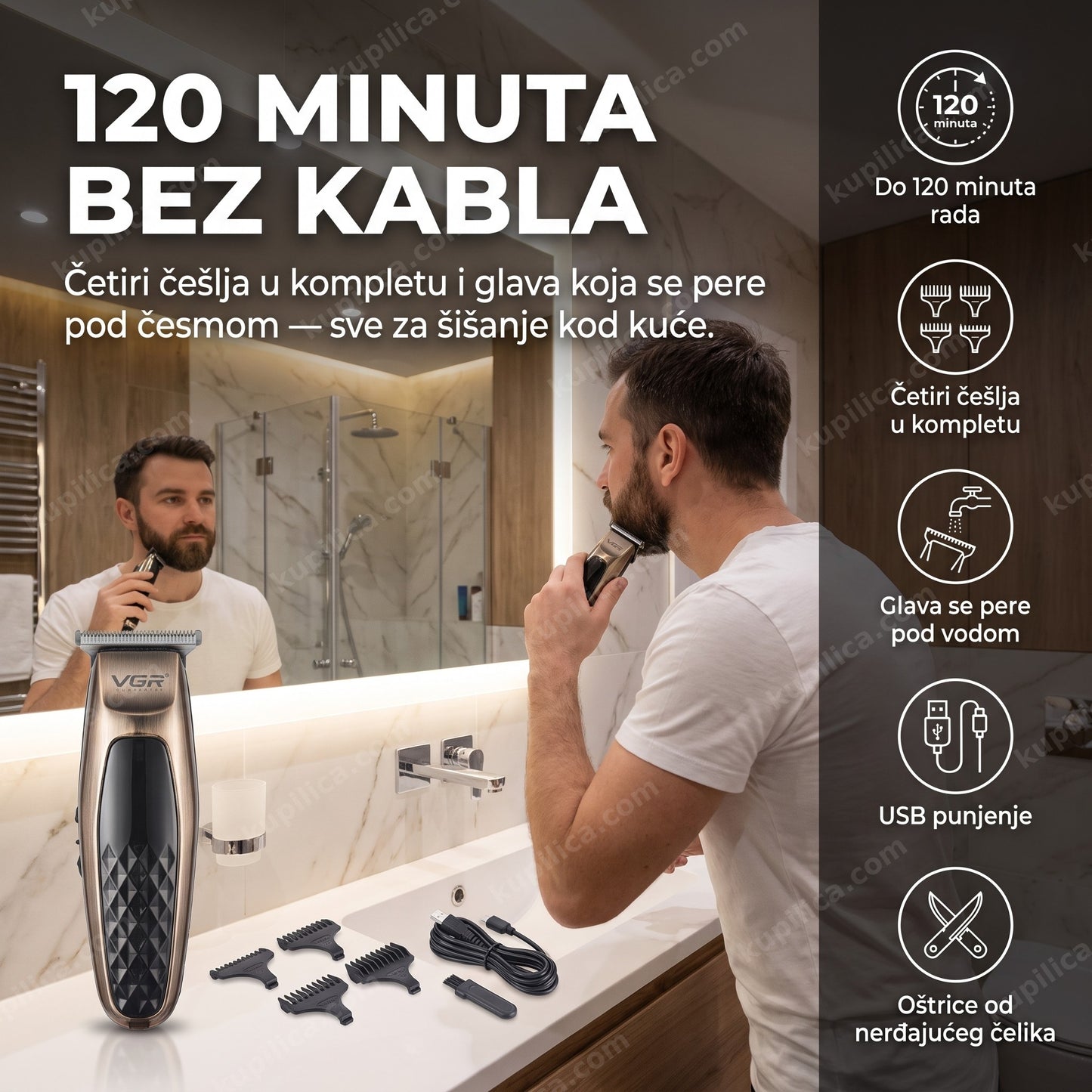 trimer za bradu i kosu — muškarac oblikuje bradu pred ogledalom, benefiti proizvoda
