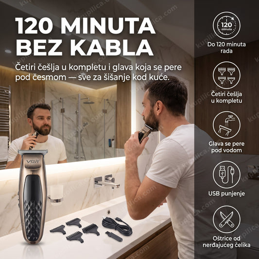 trimer za bradu i kosu — muškarac oblikuje bradu pred ogledalom, benefiti proizvoda