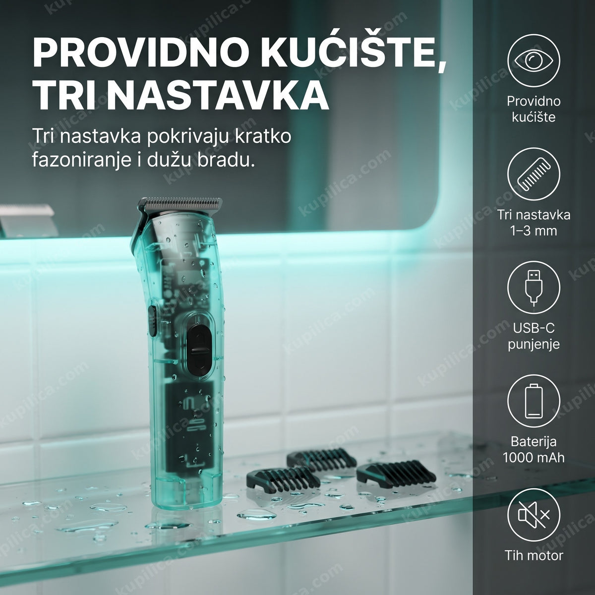 mint zeleni trimer za bradu i kosu sa providnim kućištem na staklenoj polici kupatila