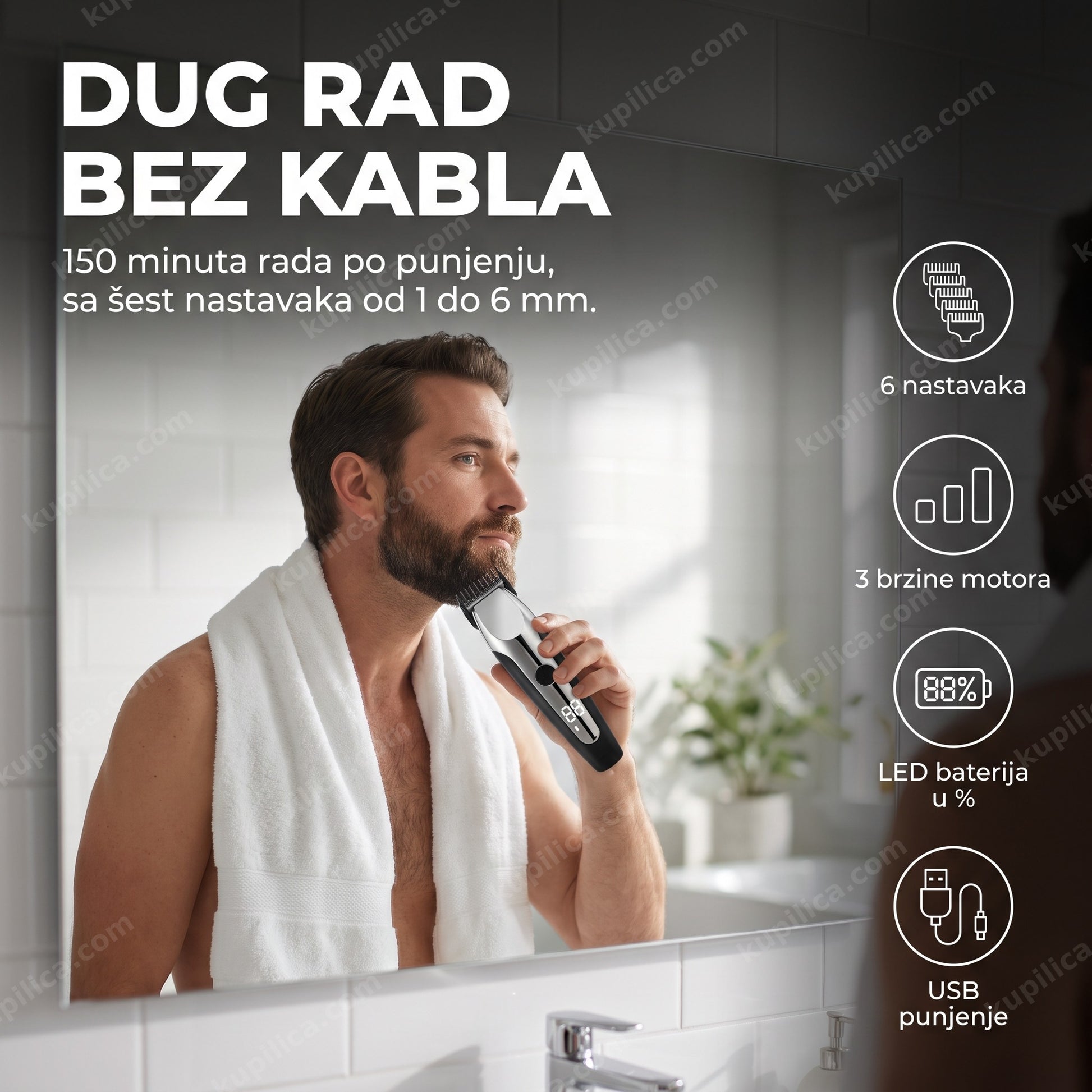 trimer za bradu i kosu vgr v-059 — muškarac sređuje bradu pred ogledalom, benefiti proizvoda