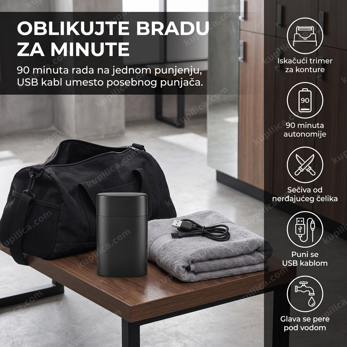 Crni trimer za bradu pored gym torbe na drvenoj klupi, benefiti proizvoda