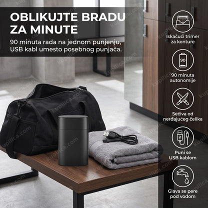Crni trimer za bradu pored gym torbe na drvenoj klupi, benefiti proizvoda