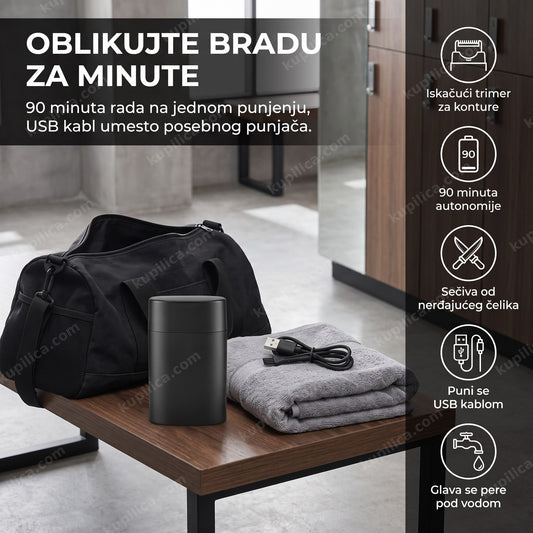 Crni trimer za bradu pored gym torbe na drvenoj klupi, benefiti proizvoda