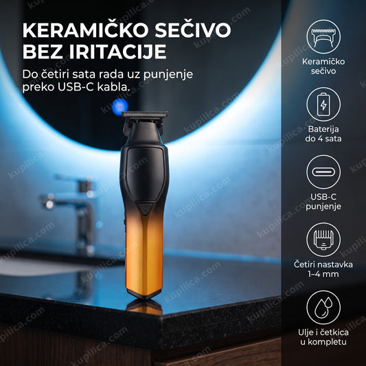 narandžasti trimer za bradu sa keramičkim sečivom na kupatilskom stočiću