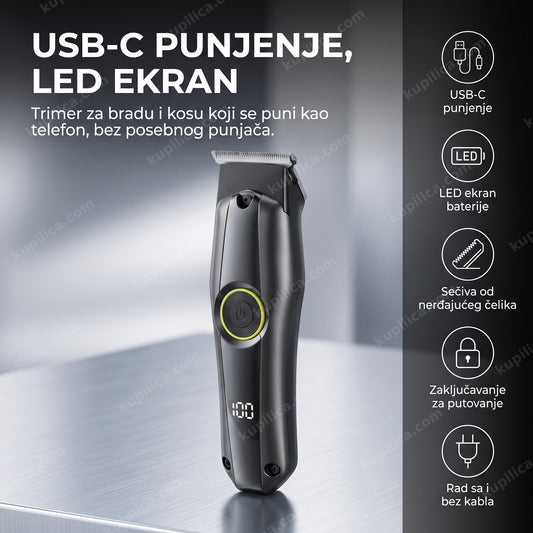 crni trimer za bradu sa led ekranom na brušenoj aluminijumskoj podlozi