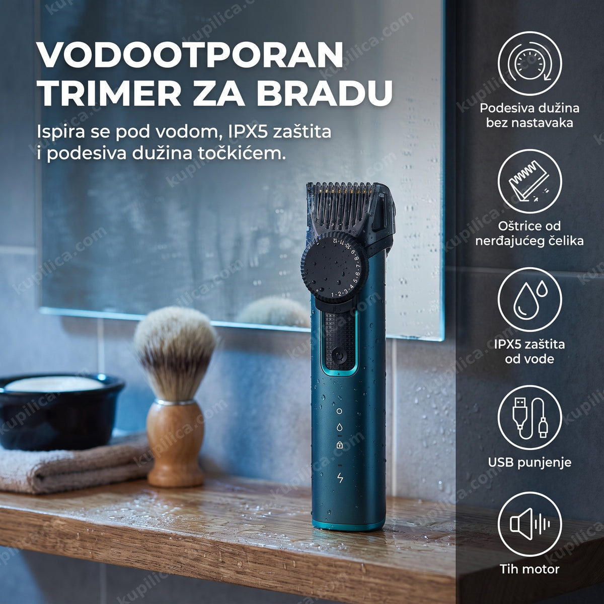 Trimer za bradu vodootporan na polici u muškom kupatilu, benefiti proizvoda