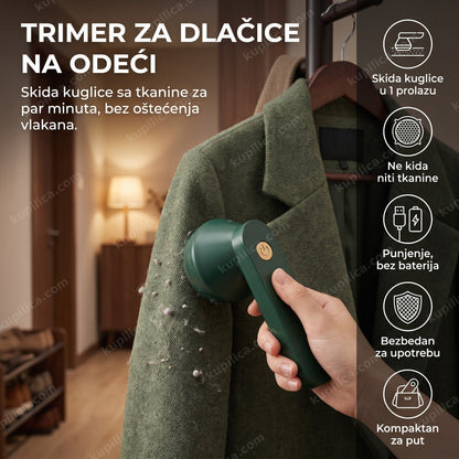 zeleni trimer za dlačice na odeći skida kuglice sa kaputa na vešalici, benefiti proizvoda