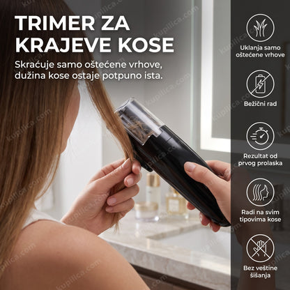 odrasla žena u kupatilu koristi trimer za ispucale krajeve kose, benefiti proizvoda