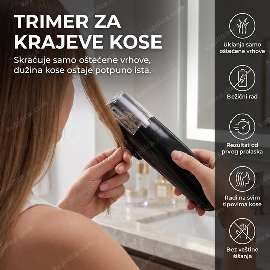 odrasla žena u kupatilu koristi trimer za ispucale krajeve kose, benefiti proizvoda